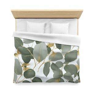 Dekbedovertrek met bloemen, saliegroen boho-beddengoed | Eucalyptusbladeren, gedempt goud tropisch tropisch | Standaard slaapkamer met kingsize bed en queensize bed