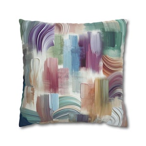 Abstract Couch Throw Cushion Pillowcase Colorful Teal Green, Lilac Purple Pink, Pale Blue Brush Paint Watercolor Square, Accent Decorative image 1
