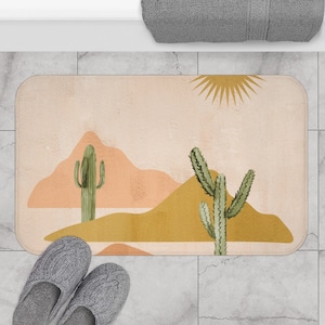 Bohemian Bath Mat and Rug, Dusty Beige Pink, Beige, Desert, Sage Green, Cactus, Bathroom Decor, Home Decor