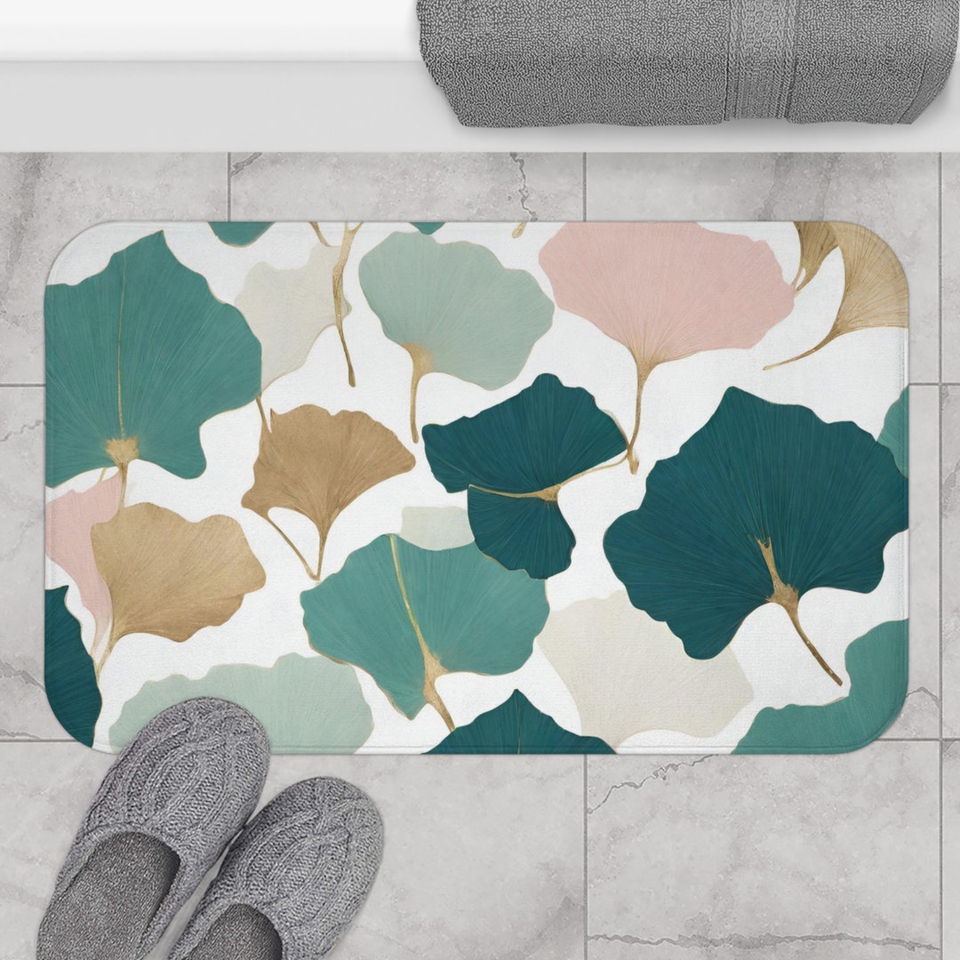 Floral Boho Bath Rug, Kitchen Mat | Gingko Leaves, Blush Pink, White ...