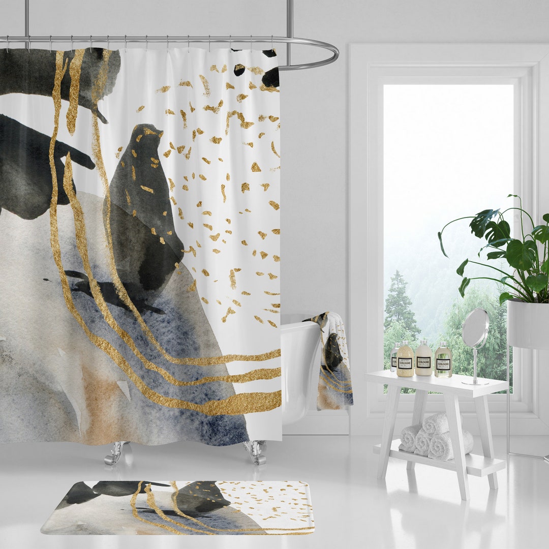 Abstract Fabric Boho Shower Curtain, Stylish Gray Gold Beige White Blue