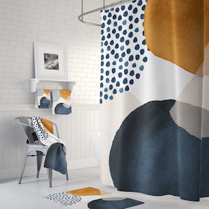 Boho Shower Curtain, Navy Rust, Burnt Orange, Cream Beige, White Mid Century Watercolor, Bathroom, Minimalist Modern Art Home Decor RnB