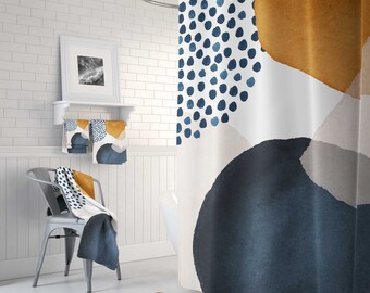 Boho Shower Curtain, Navy Rust, Burnt Orange, Cream Beige, White Mid Century Watercolor, Bathroom, Minimalist Modern Art Home Decor RnB