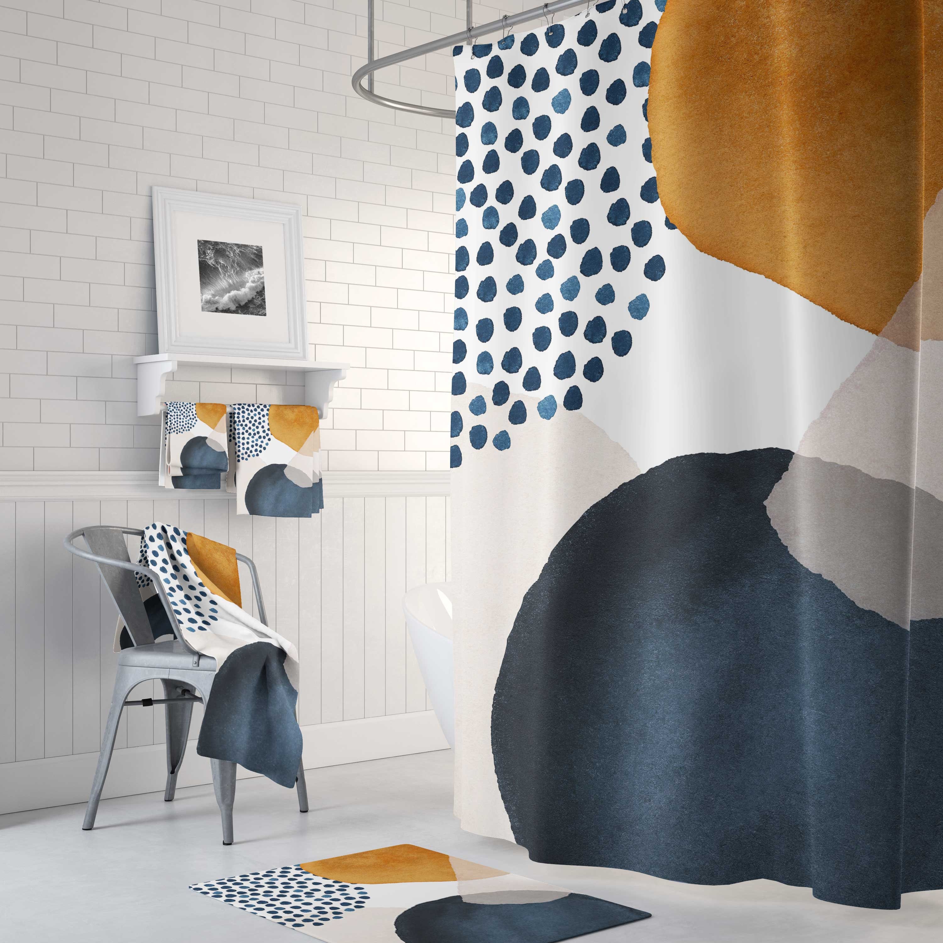 Boho Shower Curtain, Navy Rust, Burnt Orange, Cream Beige, White Mid  Century Watercolor, Bathroom, Minimalist Modern Art Home Decor 