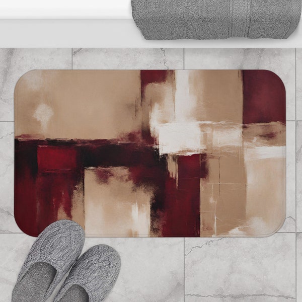 Boho Bath Mats and Rugs | Abstract Burgundy Wine Red, Beige Floor Rug | Minimalist Modern Bathroom Rug | All Purpose, Kitchen Mat