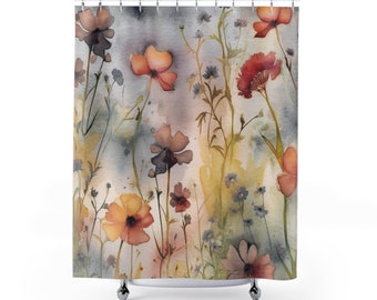 Stoff Wildblumen Duschvorhang | Wasserfarben, erdig bunter beige grau roter, gelber Garten-Badvorhang | Landhaus Badezimmer Vorhang