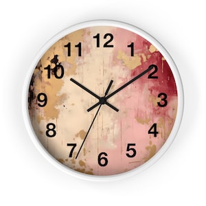 Round 10 Inch Wood Wall Clock | Abstract Ombre, Rustic, Grunge, Blush Beige Pink, Red | Silent, Minimalist Office, New Home, Holiday Gift