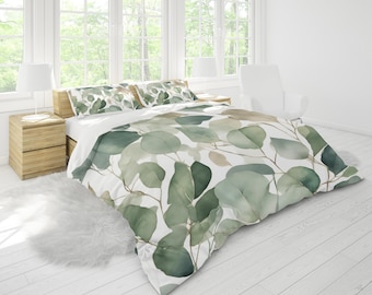 Copripiumino floreale / Biancheria da letto matrimoniale, king size, twin XL e king size dai toni neutri e terrosi / Foglie verde salvia acquerellate, giardino botanico bianco