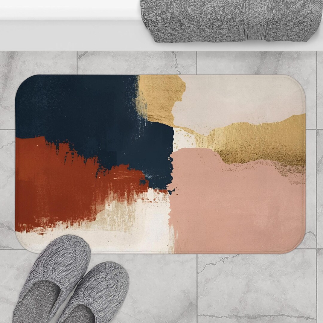 Abstract Bath, Kitchen Mat | Navy Blue, Blush Pink Beige Watercolor ...