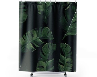 Rideau de douche bohème en tissu | Monstera tropical, feuilles de bananier de la jungle, rideau de bain vert noir | Rideau de salle de bain Plant Lovers