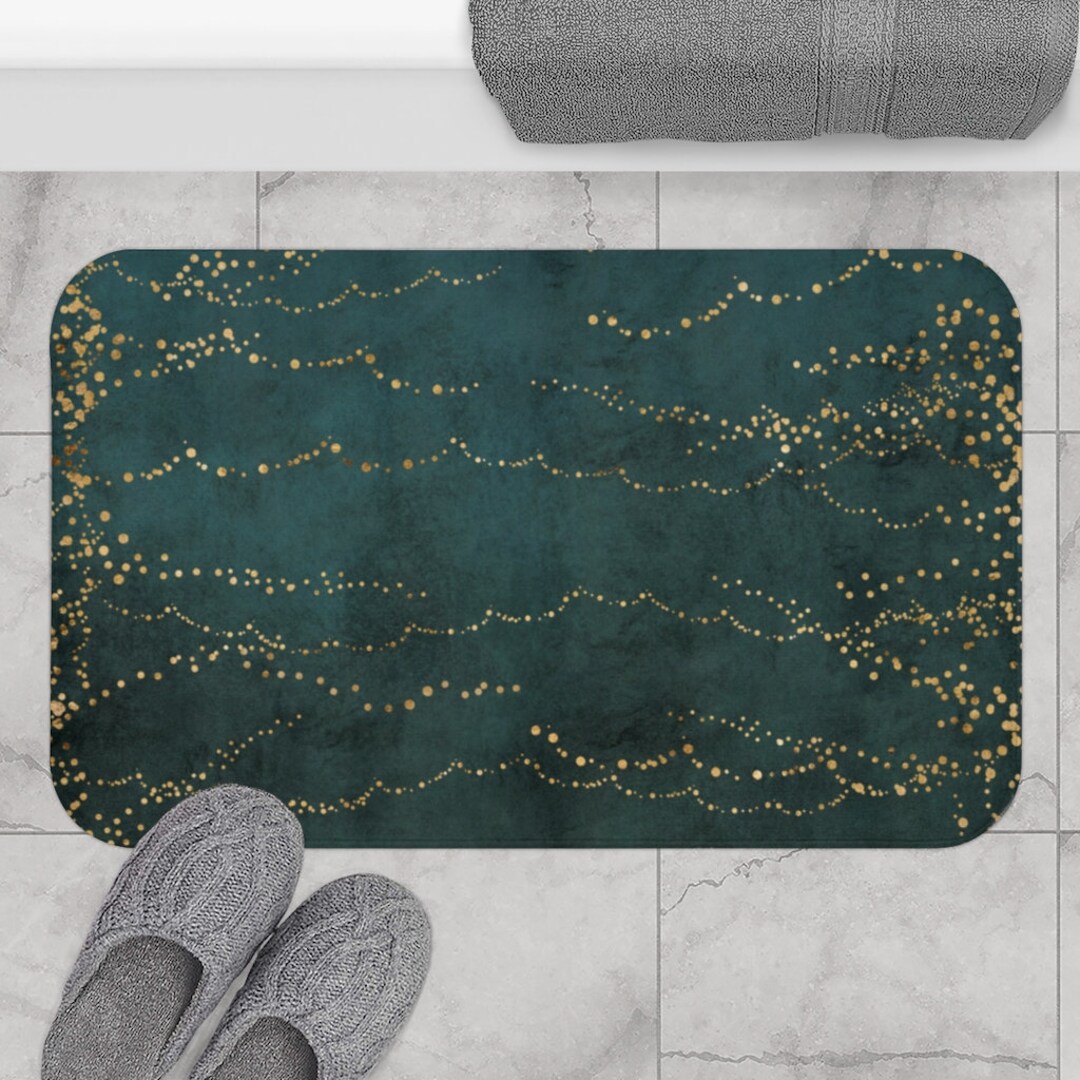 Bohemian Bath Mat, Forest Dark Blue Green, Muted Gold Beige Abstract ...