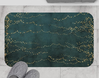 Bohemian Bath Mat, Forest Dark Blue Green, Muted Gold Beige Abstract Bath Rug in Watercolor Paint Ink, Boho Chic Bathroom Decor