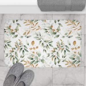 Floral Bath Mats and Rugs, Sage Green, White, Faux Gold Beige | Bohemian Botanical Farmhouse, Cottage Core  Minimalist Bathroom Decor