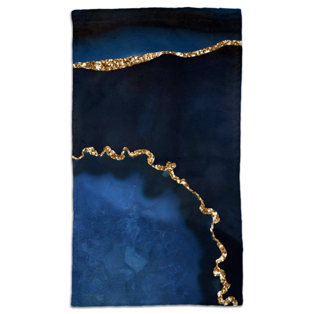 Abstract Kitchen, Bathroom Hand Towels, Navy Ombre Blue and Gold Agate
