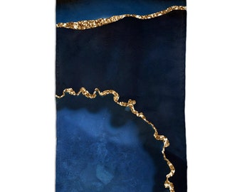 Abstract Kitchen, Bathroom Hand Towels, Navy Ombre Blue And Gold Agate Quartz, Marble Fancy Luxury Small Towel