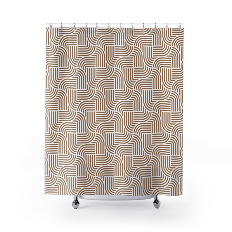 Abstract Art Deco Shower Curtain | Fabric Shower Curtain, Tan Beige White Geometric image 5