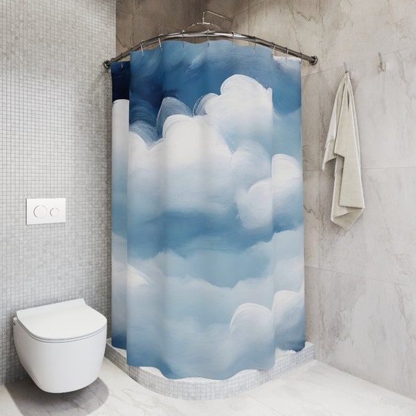 Fabric Boho Shower Curtain | Abstract, Blue Sky, White Clouds, Bath Curtain | Ombre Modern Minimalist Decor, Bathroom Decor