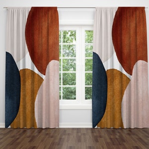 Boho Chic Window Curtains, Abstract Navy Blue, Rust, Burnt Orange, Blush Pink, Ivory, Watercolor, Soft Colors 50&quot;X84”, Window Treatments RnB