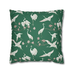 Funda de almohada japonesa con diseño vintage de grulla, pájaro, cigüeña, verde, rosa y blanco. Funda de almohada asiática moderna y colorida con acuarela. Decoración para sofá.