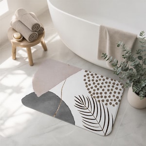 Boho Abstract Leaf Bath Mat, Taupe Grey Beige, Memory Foam, Anti-Slip (All Purpose Rug)
