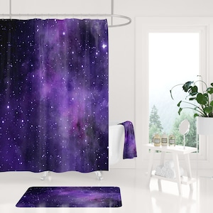 Fabric Shower curtain and bath mat, Cosmic bathroom set,  purple celestial home decor