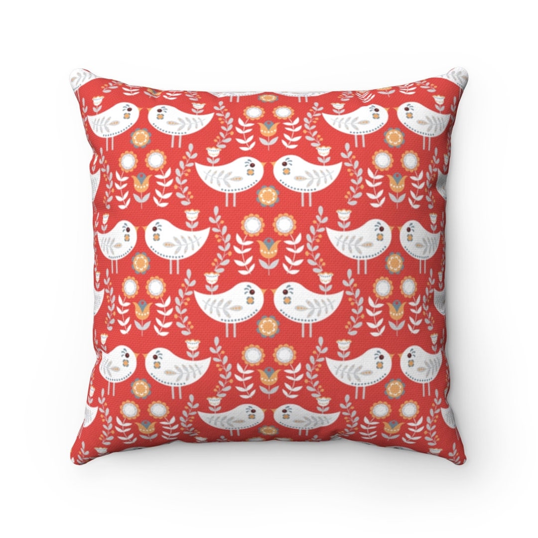 Image showcasing Scandinavian Folk Art, Throw Pillow Cover, Red Birds Floral, Vintage ...