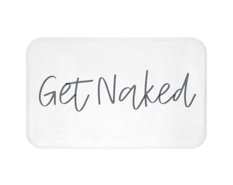 Dywanik łazienkowy, dywanik łazienkowy Get Naked, niebiesko-szary tekst, prosty, minimalistyczny, zabawny, uroczy, nowoczesny wystrój łazienki