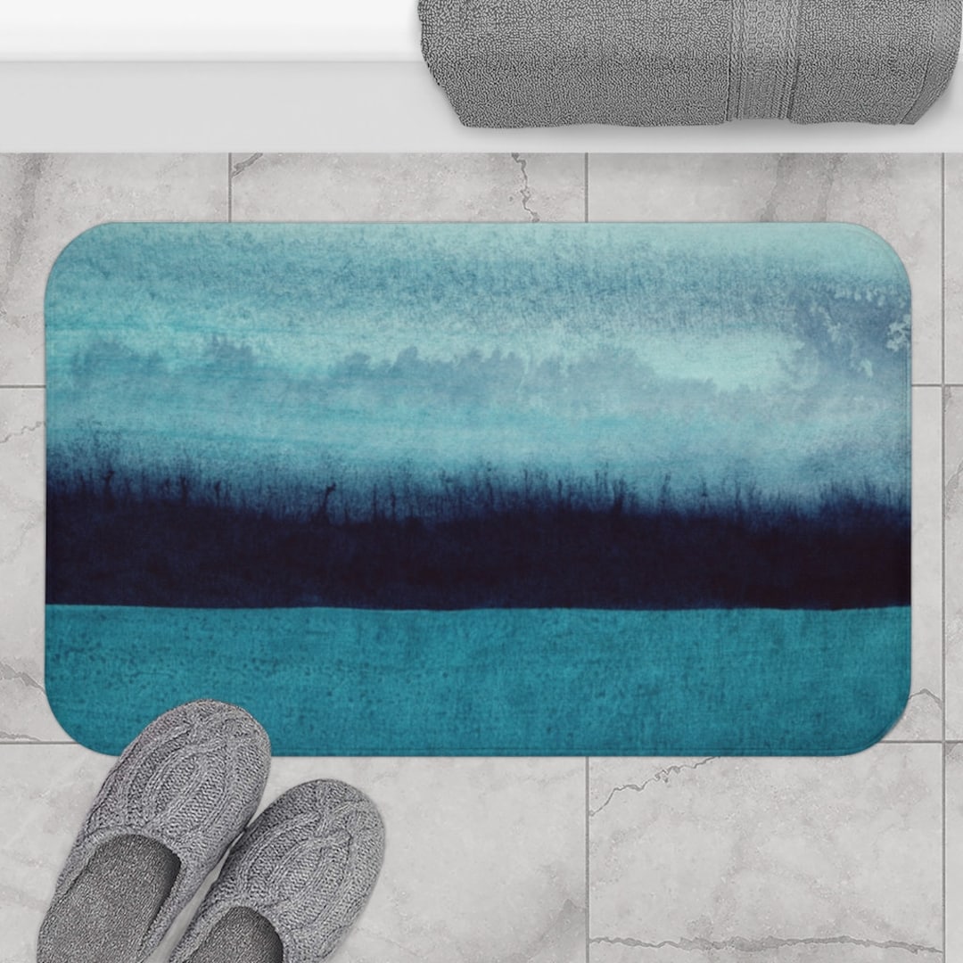Bohemian Bath Mat and Rug, Abstract Teal Green Blue, Navy Ombre, Sky ...