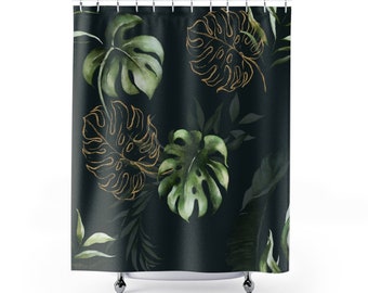 Cortinas de ducha florales, selva tropical, verde dorado, hojas de monstera tailandesa, acuarela botánica, resistentes al agua, decoración de baño