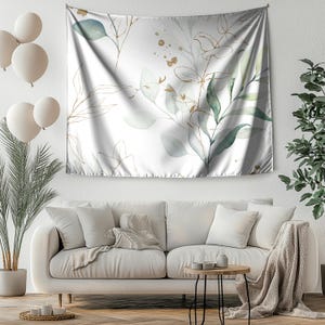 Eucalyptus Wall Hanging Tapestry, Mint Beige White Green Leaves Watercolor Art, Elegant Botanical Large Wall Tapestry, Housewarming Gift image 2