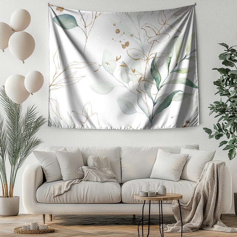 Eucalyptus Wall Hanging Tapestry, Mint Beige White Green Leaves Watercolor Art, Elegant Botanical Large Wall Tapestry, Housewarming Gift image 2