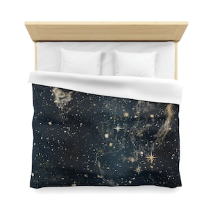 Boho Duvet Cover, Abstract Navy Blue, Beige Gold Stars, Cosmic Universe, Celestial Sky, Magic Bedroom Decor, King, Queen Twin Duvet Cover