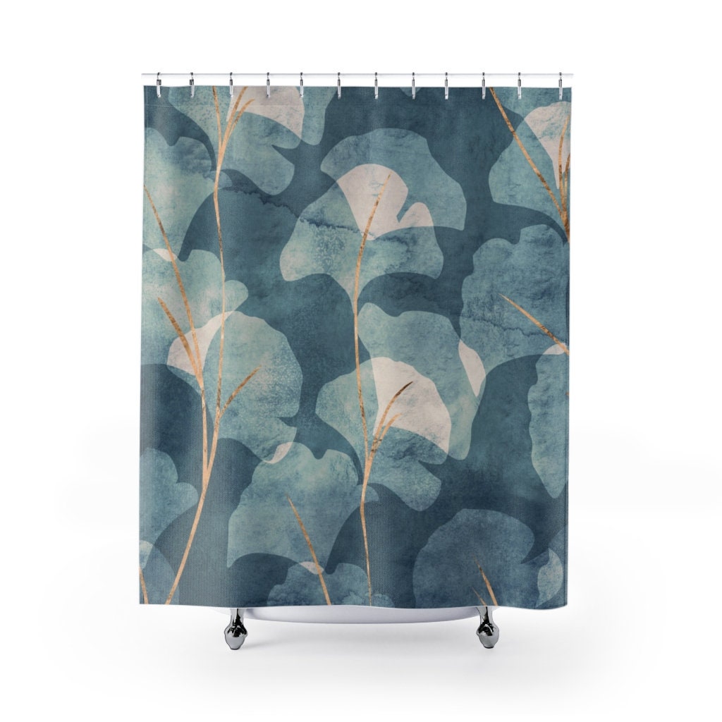 Fabric Boho Shower Curtain Light Blue Gold Beige Ginko Etsy