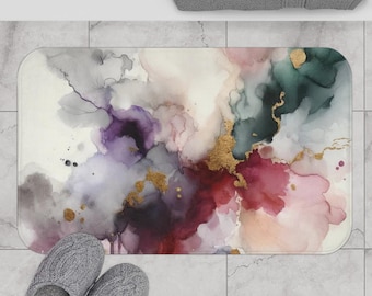 Abstract Bath Mat, Kitchen Mat | White, Purple Burgundy Grey Cream, Muted Gold | Contemporary Art Bathroom Rug