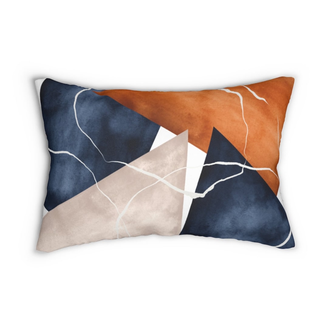 Boho Throw Couch Lumbar Pillow, Abstract Navy Blue, Rust Brown, Burnt