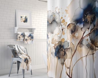 Rideau de douche bohème | Bleu marine beige ombré floral abstrait aquarelle