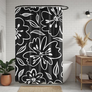 Boho Floral Shower Curtain | Black White Fabric Shower Curtain, Retro Cute Abstract Floral | Retro Minimalist Mid Century Shower Curtain