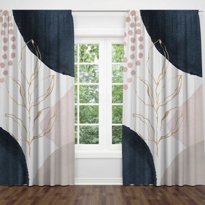 Abstract Window Curtains | Blush Pink Navy Gold Beige | Floral Watercolor Bedroom Living Room, Kitchen 50x84” Single Double Panels Curtains