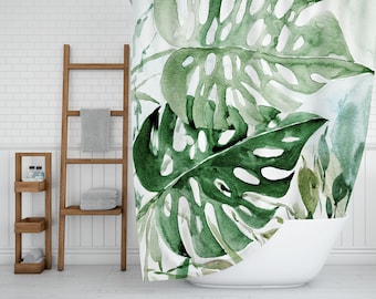 Cortina de ducha bohemia, Monstera grande, hojas verdes tropicales, moderna playa costera, conjunto de baño de granja con acuarela de plantas florales de jungla