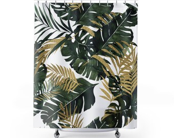 Rideau de douche bohème en tissu | Monstera tropical, feuilles de la jungleRideau de bain vert foncé, blanc, or terne | Rideau de salle de bain Plant Lovers