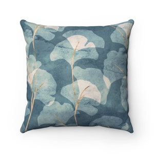 Abstract Boho Throw Pillow Cover, Ginko Leaves Floral Botanical Decorative Pillowcase, Blue Beige, Farmhouse Decor, Square 20x20 18x18