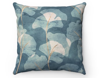 Abstract Boho Throw Pillow Cover, Ginko Leaves Floral Botanical Decorative Pillowcase, Blue Beige, Farmhouse Decor, Square 20x20 18x18