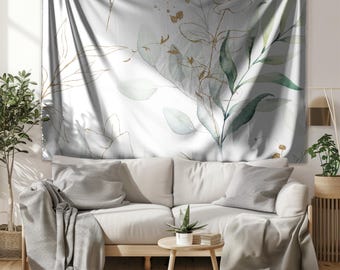 Eucalyptus Wall Hanging Tapestry, Mint Beige  White Green Leaves Watercolor Art, Elegant Botanical Large Wall Tapestry, Housewarming Gift