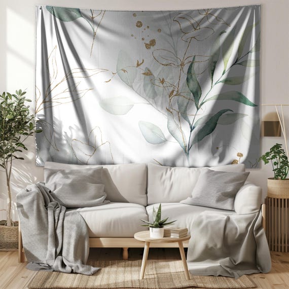 Eucalyptus Wall Hanging Tapestry, Mint Beige  White Green Leaves Watercolor Art, Elegant Botanical Large Wall Tapestry, Housewarming Gift