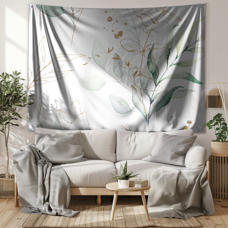 Eucalyptus Wall Hanging Tapestry, Mint Beige White Green Leaves Watercolor Art, Elegant Botanical Large Wall Tapestry, Housewarming Gift image 1