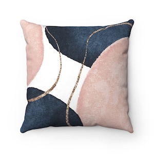 Abstract Pillow Cover, Navy Blue, Blush Pink, Gold, and  Beige in Watercolor Shapes, Decorative Couch Pillowcase,Boho Chic Living Room Decor