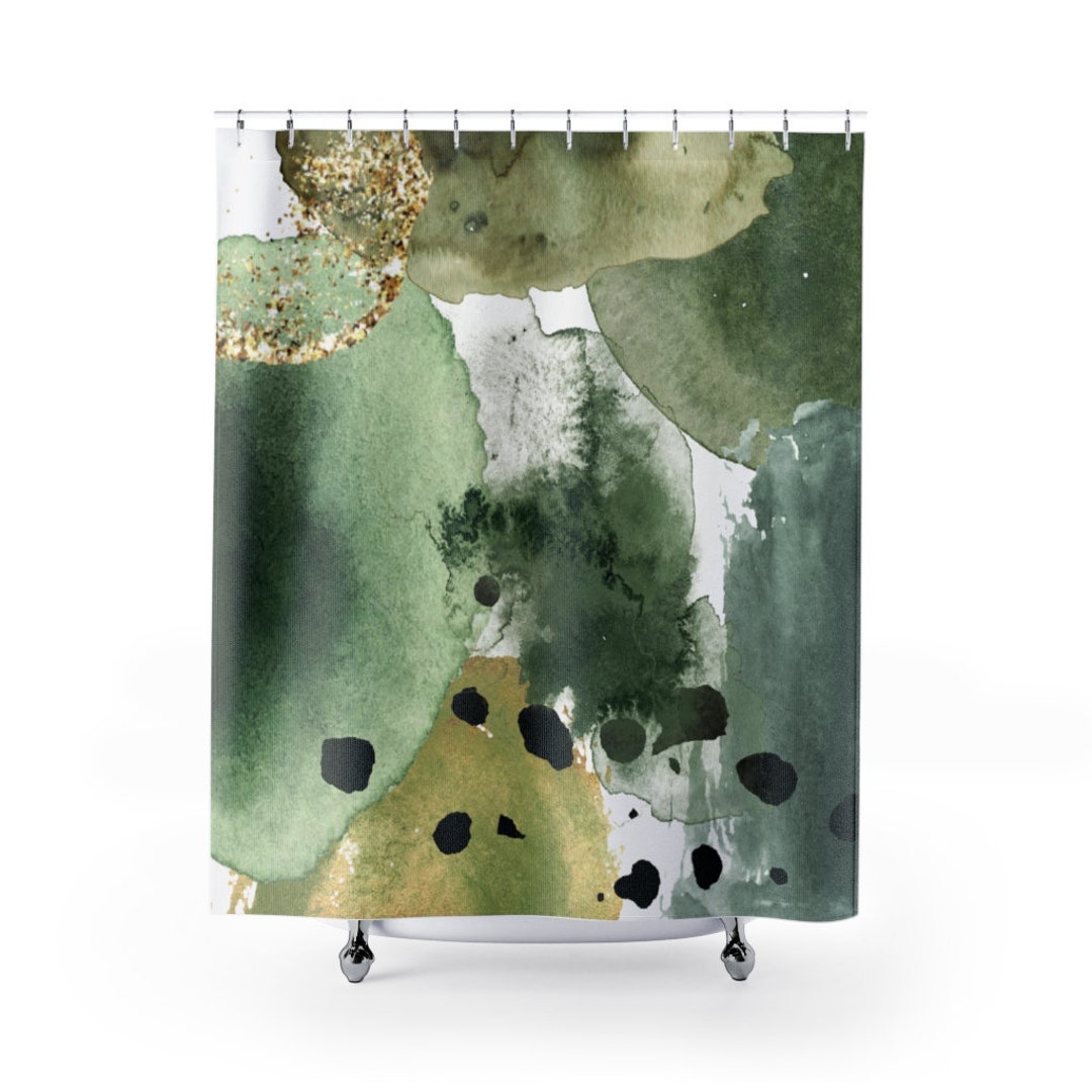 Abstract Boho Shower Curtain, Sage Forest Green Fabric Bath Curtain ...