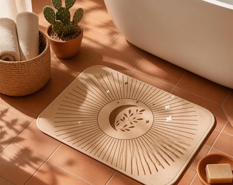 Boho Celestial Sun Moon Bath Mat, Terracotta Memory Foam Rug, Southwestern Bathroom Decor