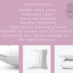 The image is a collage of three images, each depicting a white pillow with a zipper. The text provides information about the pillows, including that they are 100% polyester, double-sided prints, and machine washable. The pillows are available in various sizes, and the company appreciates customers who request a customized size.