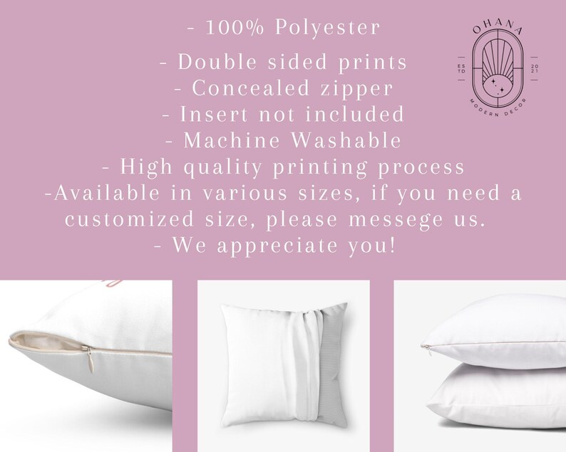 The image is a collage of three images, each depicting a white pillow with a zipper. The text provides information about the pillows, including that they are 100% polyester, double-sided prints, and machine washable. The pillows are available in various sizes, and the company appreciates customers who request a customized size.